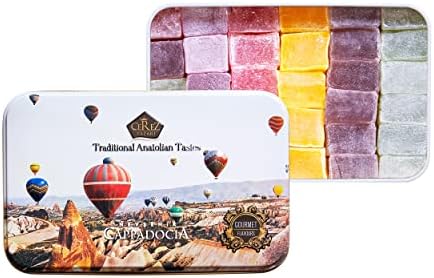 Cerez Pazari Turkish Delight Candy Gift Basket, Luxury Lokum Dessert, Gourmet Christmas Holiday Corporate Food Gifts in Elegant Tin Box, With 5 Unique Flavors, No Nuts, 13.2 oz.
