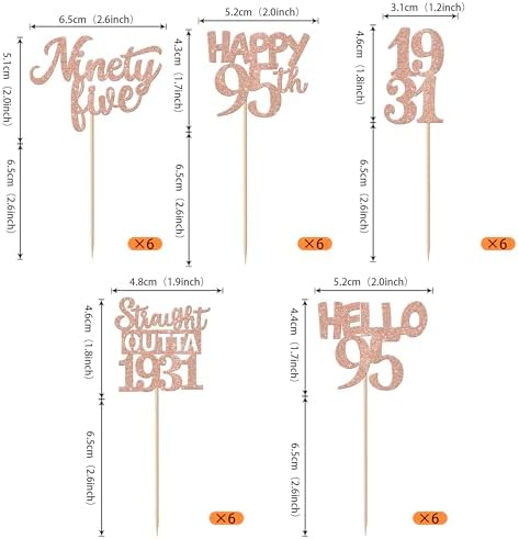 30PCS 95th Birthday Cupcake Toppers Glitter Nighty Five Happy 95 Straight Outta 1931 Cupcake Picks for Cheers to 95 Fabulous 95th Birthday Anniversary Party Cake Decorations Supplies Rose Gold