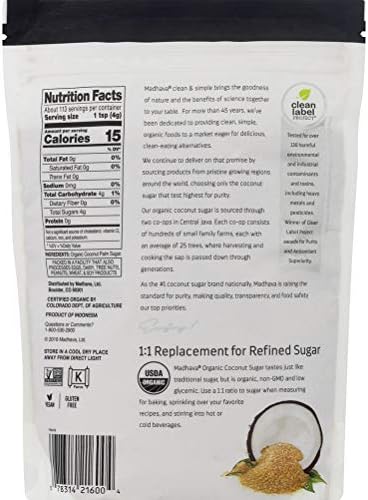MADHAVA Organic Coconut Sugar (1LB, Pack of 6), Natural Sweetener, White Sugar Alternative for Baking and Cooking, Clean Coffee & Tea Sweetener, Vegan, Organic and Non-GMO