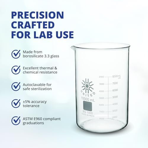 United Scientific™ 250 ml Beaker, Low Form Griffin 3.3 Borosilicate Glass Beaker, Double Scale Graduated, ASTM-E960 Compliant, Autoclavable Lab Glassware for Chemistry Research, 1 Each