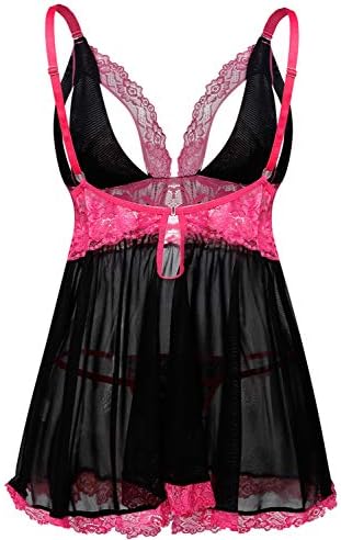 Donnalla Plus Size Babydoll Lingerie Set for Women Sexy Mesh Lace Nightwear Adjustable Straps V Neck Chemise with Panty