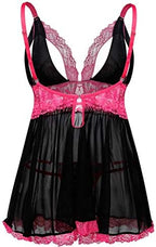 Donnalla Plus Size Babydoll Lingerie Set for Women Sexy Mesh Lace Nightwear Adjustable Straps V Neck Chemise with Panty
