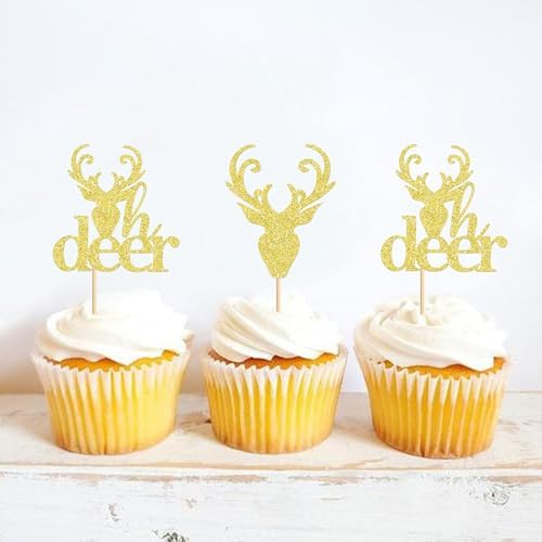 Ercadio 24 Pack Deer Cupcake Toppers - Gold Glitter Deer Head Cupcake Toppers & Picks for Christmas, Birthday, Baby Shower Cake Decoration
