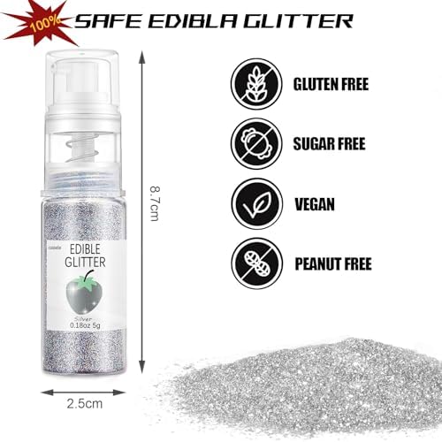 Silver Edible Glitter Spray for Cakes Drinks - Colaele 5 Grams Shimmer Luster Dust Food Grade Metallic Sprinkle Decorating for Cake Decorating, Cookies Baking, Chocolate, Strawberries, Vegan