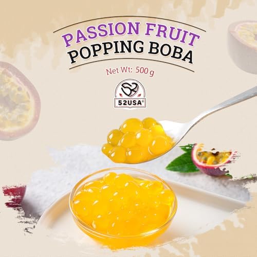 52USA Passion Fruit Popping Boba (500g), Popping Pearls for Bubble Tea, Beverages, Sweets, Ice Cream, Shakes, Desserts & Smoothies Topping, 1.1 Pound (Pack of 1)