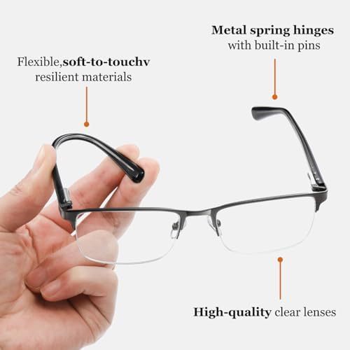 EYECEDAR 5 Pack Reading Glasses for Men Gunmetal Ultra-Thin Stainless Steel Frame Metal Spring Hinges Readers for Men and Women 1.5