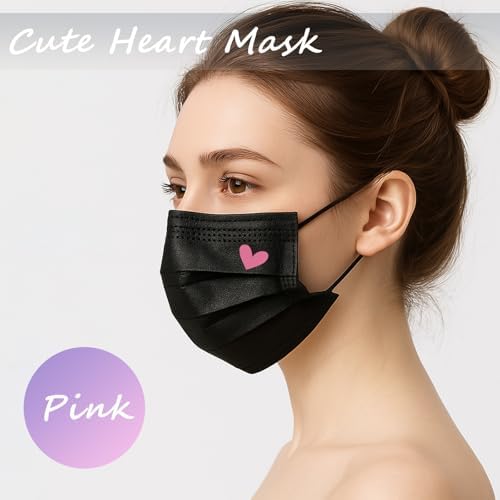 50 Pack Black Disposable Face Masks for Adults - Cute Heart Print 3-Ply Breathable Earloop Full Face Protection