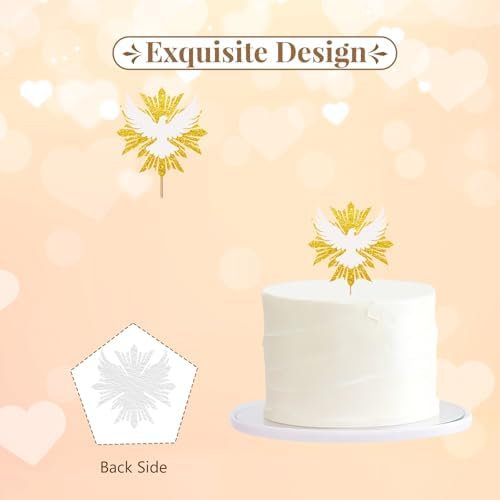 Holy Spirit Cake Topper, White Dove Cake Decor, Gold Glitter Baptism Cake Topper for Religious Baby Shower/Wedding Anniversary Party Decoration