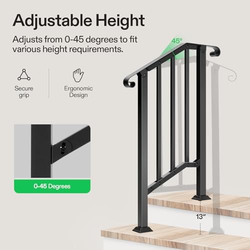 VIVOSUN Outdoor Handrail, 2 Step Stair Handrail, 26" x 36" Fits 1 to 2 Steps, Wrought Mattle Iron Stair Railing with Curved Ends and Balusters for Concrete Steps, Porch Steps, One-step Assembly, Black