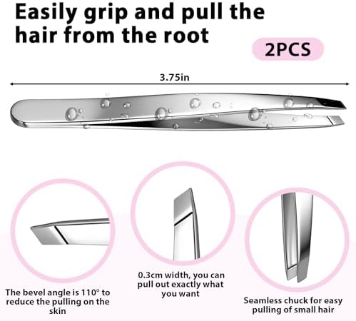 2 PCS Precision Slant Eyebrow Tweezers, Tweezers for Women Facial Hair & Ingrown Hair Removal Silver Stainless Steel Eyebrow Hairs Removal Tweezer with Case for Women Men