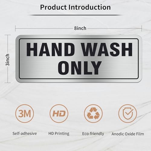 Hand Wash Only Sign, 4 Pack 8x3Inch Self-Adhesive Aluminum Signs for Business Office Home(Silver)