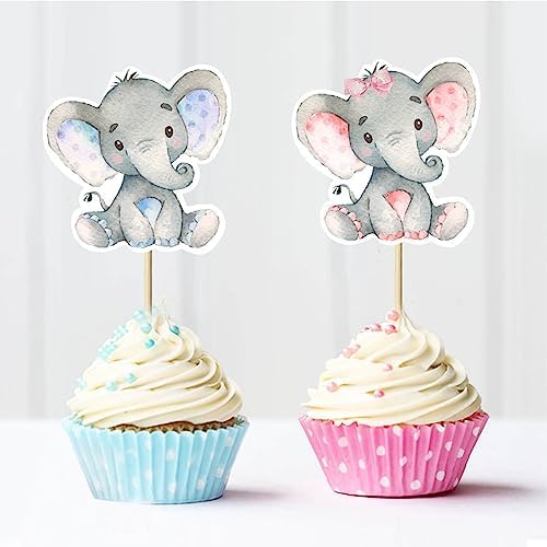 24Pcs Gender Reveal Cupcake Toppers Pink and Blue Elephant Cupcake Picks for Elephant Theme Baby Shower Kids Boy or Girl Birthday Party Decorations Supplies