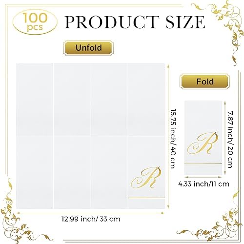 Pasimy 100 Pcs Initial Napkins Monogram Guest Napkins Gold Letter Paper Towels Disposable Elegant Dinner Towels for Wedding Bridal Shower Holiday Birthday Party Tableware Decor(R Letter)