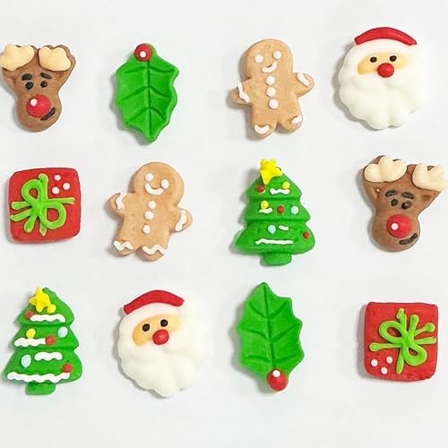 Homipooty 12 Pcs Christmas Icing Cake Decorations-Gingerbread Man, Santa Face, Trees,Deer Head,& Christmas leaves Edible Candy Sprinkles DIY for Cake Decorating, Cupcake Toppers,Ice Cream.