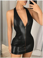 WDIRARA Women's Faux Leather Backless Halter Mini Dress Zip Front Sleeveless V Neck Bodycon Dress