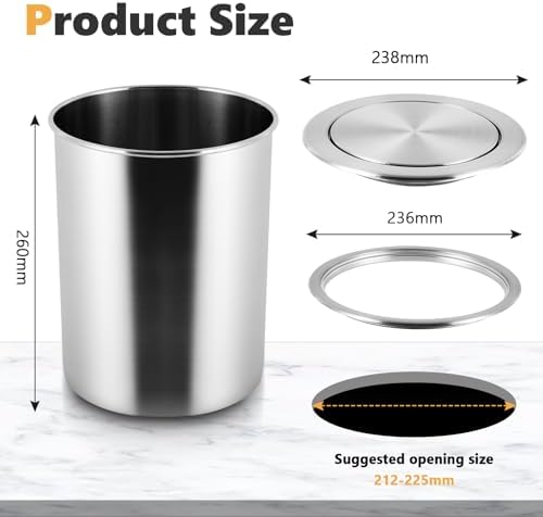 Countertop Built-in Kitchen Cabinet Trash Can 9L 304 Stainless Steel Trash Chute with Swing Lid