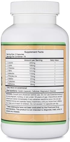 Essential Amino Acids - 1 Gram Per Serving Powder Blend of All 9 Essential Aminos (EAA) and All Branched-Chain Aminos (BCAAs) (Leucine, Isoleucine, Valine) 225 Capsules, Gluten Free by Double Wood