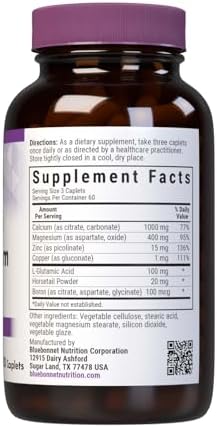 Bluebonnet Nutrition Calcium Magnesium Zinc Strong Bones Supplement with L-Glutamic Acid, Horsetail & Boron - Non-GMO, Vegan, Gluten-Free Magnesium Complex for Women & Men - 180 Caplets