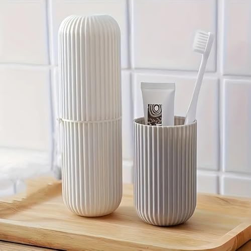 Toothbrush Travel Case Set, Portable Toothbrush Holder Multifunction Travel Cup for Traveling, Camping, Home, School, Business, Bathroom, 1 Pack Beige Toothbrush Container