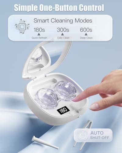 Ultrasonic Contact Lens Cleaner Machine – Portable, Rechargeable Cleaning Kit with 4 Contact Lens Solution Cases, Applicator & Removal Tools – for Travel & Home Use (White)