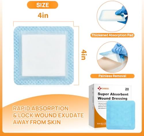 Carbou 4"x 4" Super Absorbent Wound Dressing Pads, 20 Individual Pack, Non Adhesive Absorbent Bandages for Wound Care, Soft Highly Absorbent Dressing, Non Stick Gauze Pads for Wounds