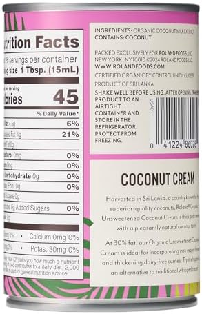 Roland Foods Organic Unsweetened Coconut Cream, Specialty Imported Food, 13.52 Ounce Can, Pack of 1