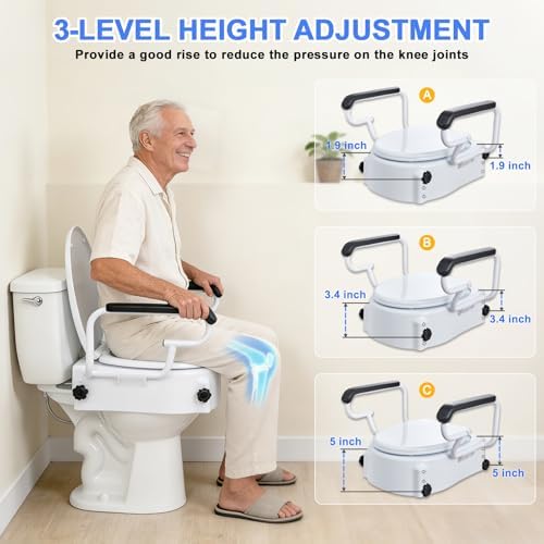 Raised Toilet Seat with Handles - Adjustable Height - Add 5 inches - Toilet Seat Risers for Seniors - Supports 300lbs - for Standard/Round Toilet, Includes Lid, Elevated Toilet Seat, White