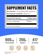 BulkSupplements.com Choline Bitartrate Powder - Choline Supplements - Unflavored & Gluten Free, 600mg per Serving, 250g (8.8 oz) (Pack of 1)