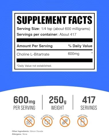 BulkSupplements.com Choline Bitartrate Powder - Choline Supplements - Unflavored & Gluten Free, 600mg per Serving, 250g (8.8 oz) (Pack of 1)