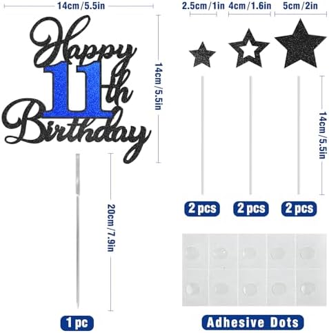 11th Birthday Cake Topper, Black Blue Happy 11th Birthday Cake Toppers for Boy Girl, 11 Years Old Birthday Party Supplies, Glitter Cake Decor, 11th Birthday Cake Decorations