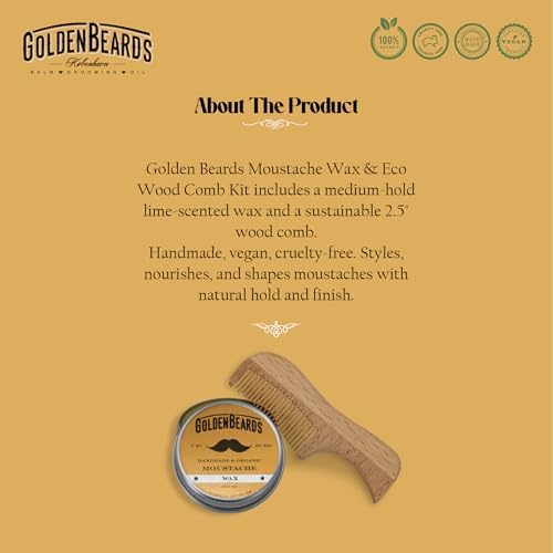 Golden Beards Moustache Wax & Eco Wood Vegan Comb Kit – Medium Hold Wax with Lime Scent & Eco Wood Comb 2.5 in – Handmade, Vegan, Cruelty-Free Moustache Styling Set