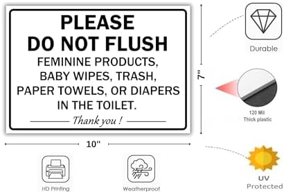 (2 Pack) Please Do Not Flush Paper Towels or Feminine Products in Toilets Sign, 10 x 7 Inches, 120 Mil Plastic, UV Protected, Weather Resistant, Waterproof, Durable Ink, Easy To Mount