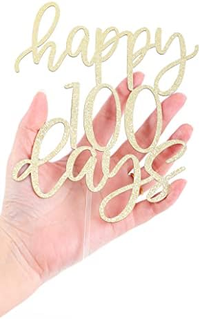 LOVENJOY Happy 100 Days Cake Topper Gold Glitter, Baby Boy Girl One Hundred Days Party Cake Decoration