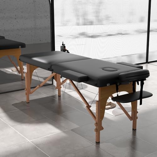 HENGJIANYI Massage Table, Portable 2 Section Foldable Tattoo Bed, Height Adjustable Lash Spa Bed with Face Cradle, Home Light Weight Facial Salon Bed with Wood Frame, Black