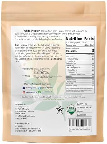 True Organic White Peppercorns Powder, 16 Oz, USDA & Kosher certified Organic Pepper, Organic White peppercorns, 100% Pure Ground white pepper.