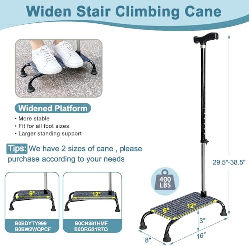 Stair Climbing Assist Cane for Seniors, Stair Lifts Walker Elderly, Mobile Half Step Aid Stair Helper, Adjustable 4 Prong Standing Quad Cane Large Base, Portable Walking Stick for Stability
