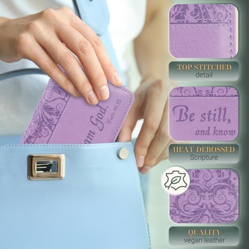 Christian Art Gifts Purple Faux Leather Checkbook Cover for Women with Inspirational Scripture - Be Still - Bi-fold Checkbook Cover for Duplicate Checks ID Credit Cards & Pen Loop Holder - Psalm 46:10