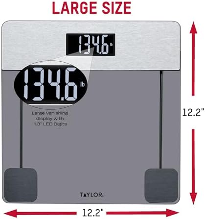 Taylor Digital Glass Bathroom Scale, Scale for Body Weight, Digital Weighing Machine for People, Tinted Glass and Brushed Stainless Steel Accents, 440 lb Capacity, Vanishing LED, Tinted, Clear