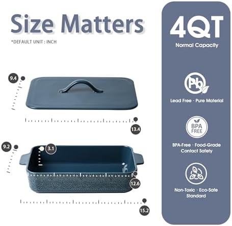 Casserole Dish with Lid, Ceramic 9x13 Casserole Dish for Oven, Rectangular Bakeware, Large Baking Dish with Handles for Holiday Cooking, Roasting, Baking, Oven & Microwave Safe (Blue)
