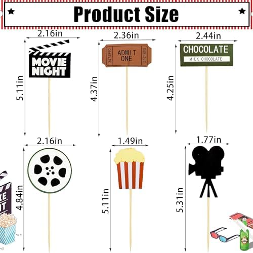 12 PCS Movie Night Cupcake Toppers, Hollywood Movie Theme Cake Decor for Movie Themed Birthday Party Supplies