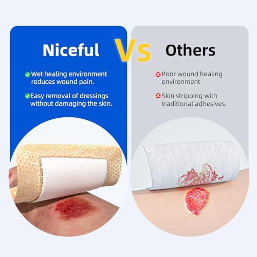Niceful Ultra Soft Silicone Foam Dressing 4" x 12" - Large Bandages for Wounds, Highly Absorbent Waterproof Bandages for Bed Sores, Leg Ulcers, Knee Surgery 3 Count