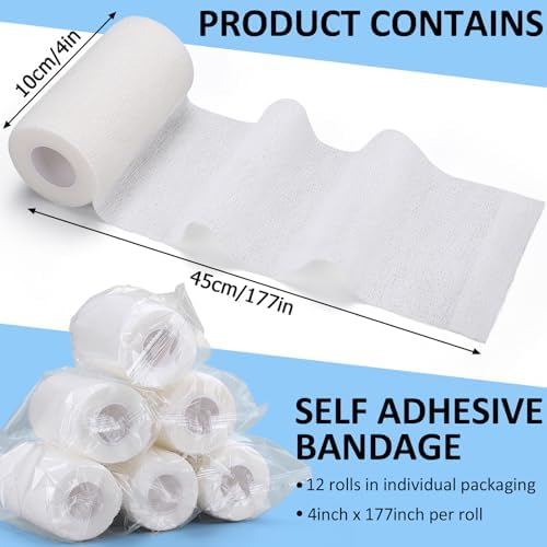 TOBWOLF 12PCS Self Adhering Bandage, 4" x5yd / 10cmx4.5m Cohesive Elastic Bandage Wrap Gauze Roll, Breathable Sports Tape, Medical Wrap for Wrist Ankle Knee Leg Sprains Swelling - White