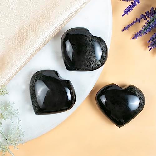 Crocon 50mm Silver Obsidian Heart Stone Big Heart Shape Puff Stones Set 450+ Carats Pocket Crystal Healing Tumble Collection Palm Worry Stone Good Luck Charm Meditation Gift Craft Home Decor