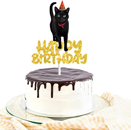 Cat Happy Birthday Cake Topper Black Cat Cake Decorations for Boys Girls Pets Cute Mewo Animal Theme Party Supplies Black Gold Glitter