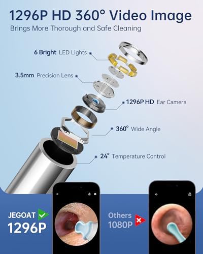 Ear Wax Removal, Ear Wax Removal Tool Camera with 1296P HD Camera and 6 LED Lights, Ear Cleaner with 10 Ear Pick, Upgraded Ear Wax Removal Kit for iOS and Android, Black
