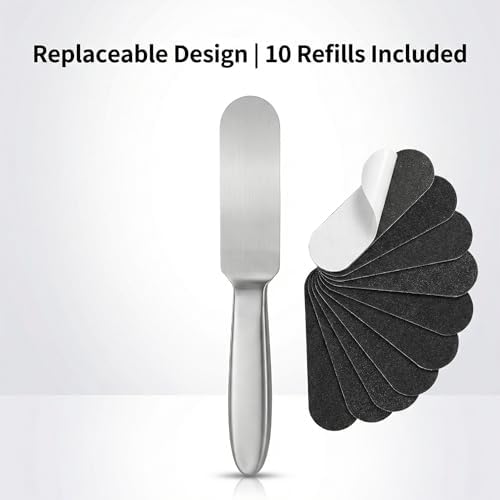 Foot File, 10pcs Replacement Sandpaper Pads Stainless Steel Callus Remover, Double Sided Scraper and Feet Exfoliator Tool for Dead Skin Removal Professional Home Pedicure Care Grooming Kit
