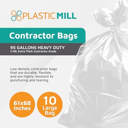 PlasticMill Contractor Bags Heavy Duty - Commercial, Industrial Garbage Bags - Clear Construction Trash Bags - Outdoor, Garden Trash Bags, 95-Gallon, 3 Mil, 61"x68" (10-Count)