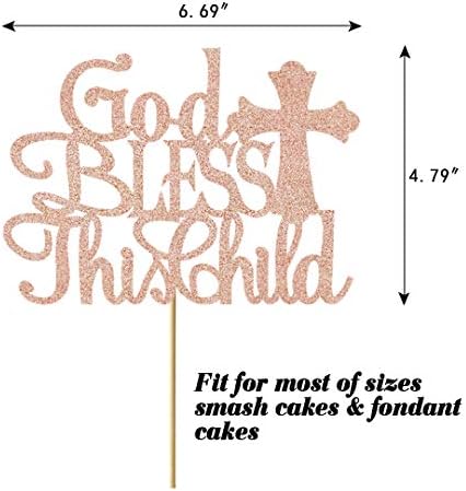 God Bless this Children Cake Topper, Rose Gold Glitter Baptism Cake Toppers for Girl Boy Christening, First Communion Baby Shower - Handmade (6.7'' x 4.8'')