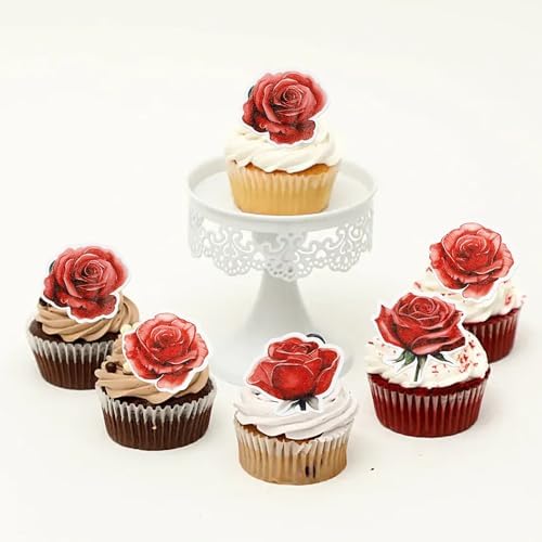 48 PCS Edible Rose Cupcake Toppers Wafer Paper Rose Flower Cupcake Picks Rose Edible Cupcake Decorations for Roses Theme Wedding Engagement Valentine's Day Birthday Party Cake Decoration Supplies Red