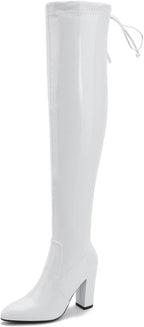 Women's Thigh High Boots Over The Knee Boot Sexy Pointed Toe Chunky Heels Boots Zipper Lace Up Long Boots